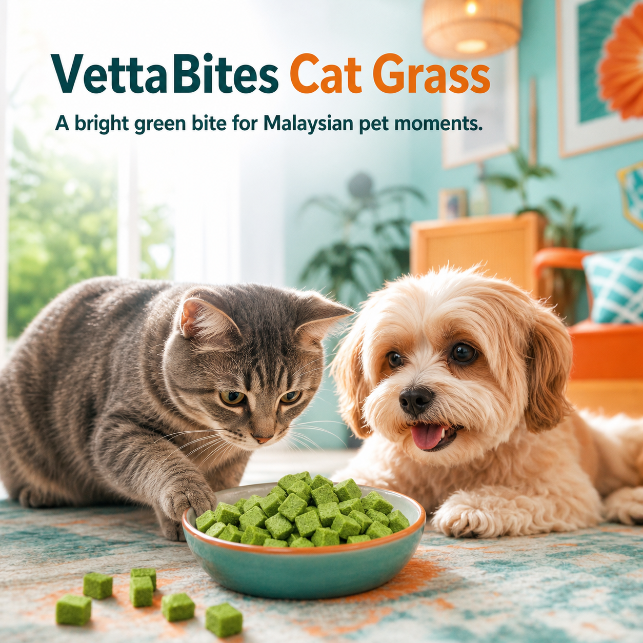 VettaBites Cat Grass treats with a cat and dog in a Malaysian home