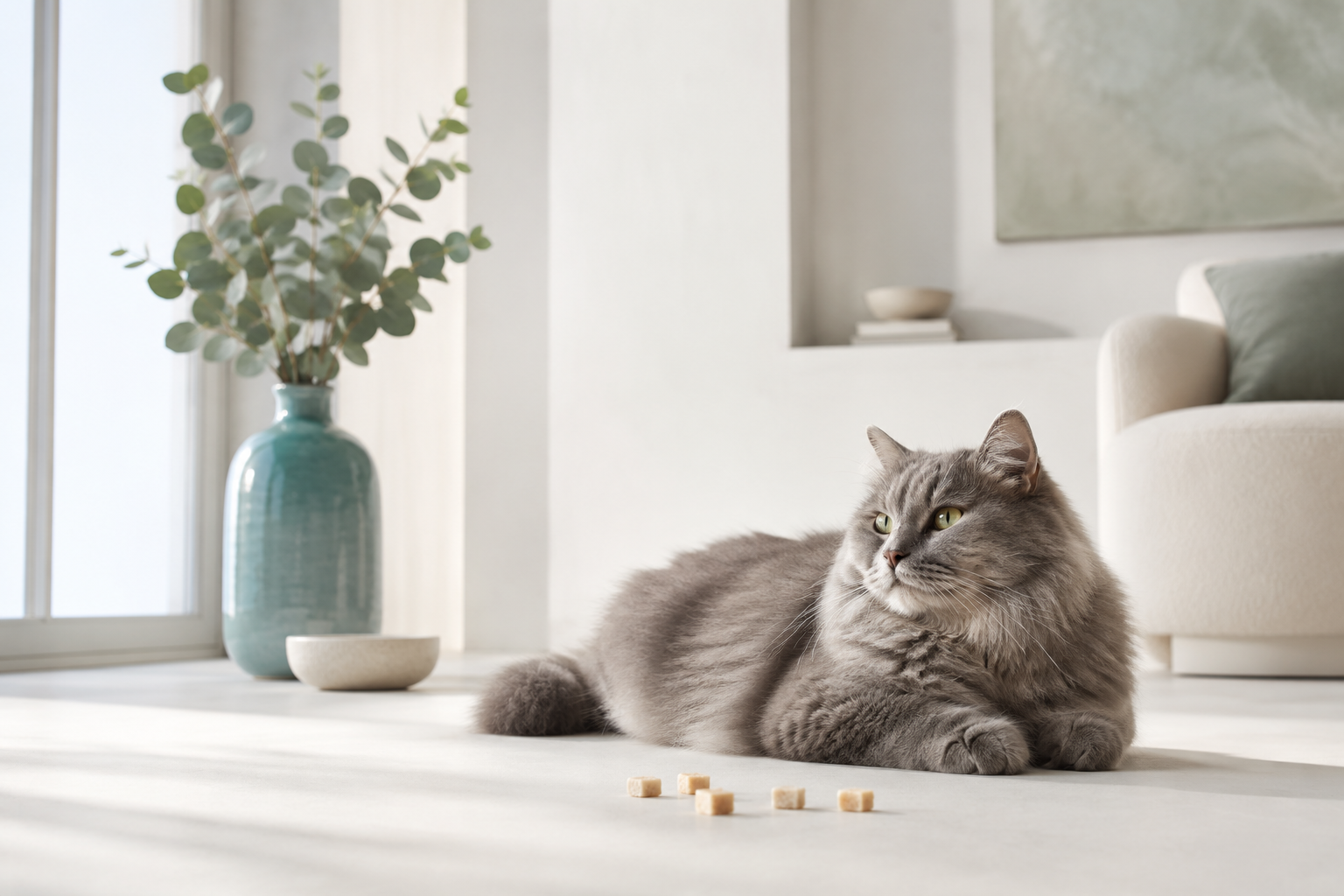 A calm grey cat relaxing at home