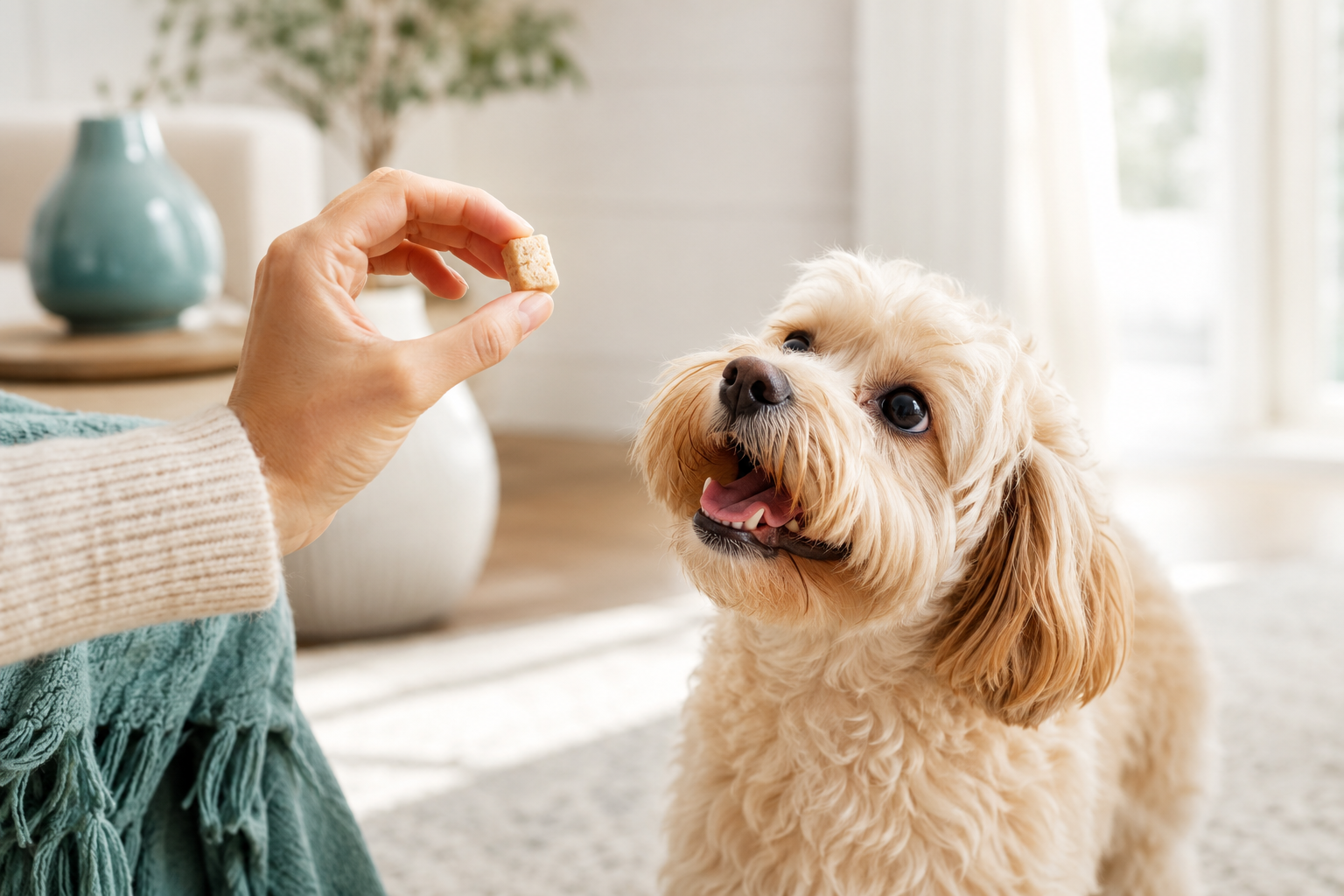 A hand offering a VettaBites freeze-dried treat to an eager dog