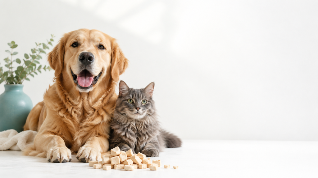 Golden retriever and cat with freeze-dried treats
