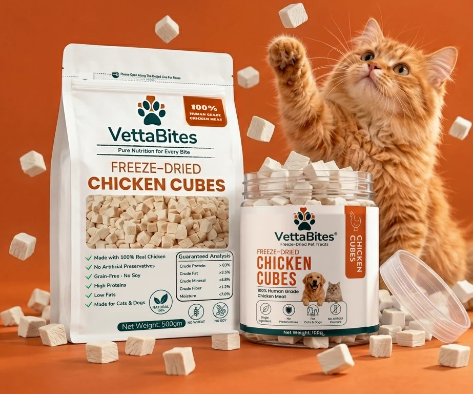 VettaBites chicken cubes with a ginger cat