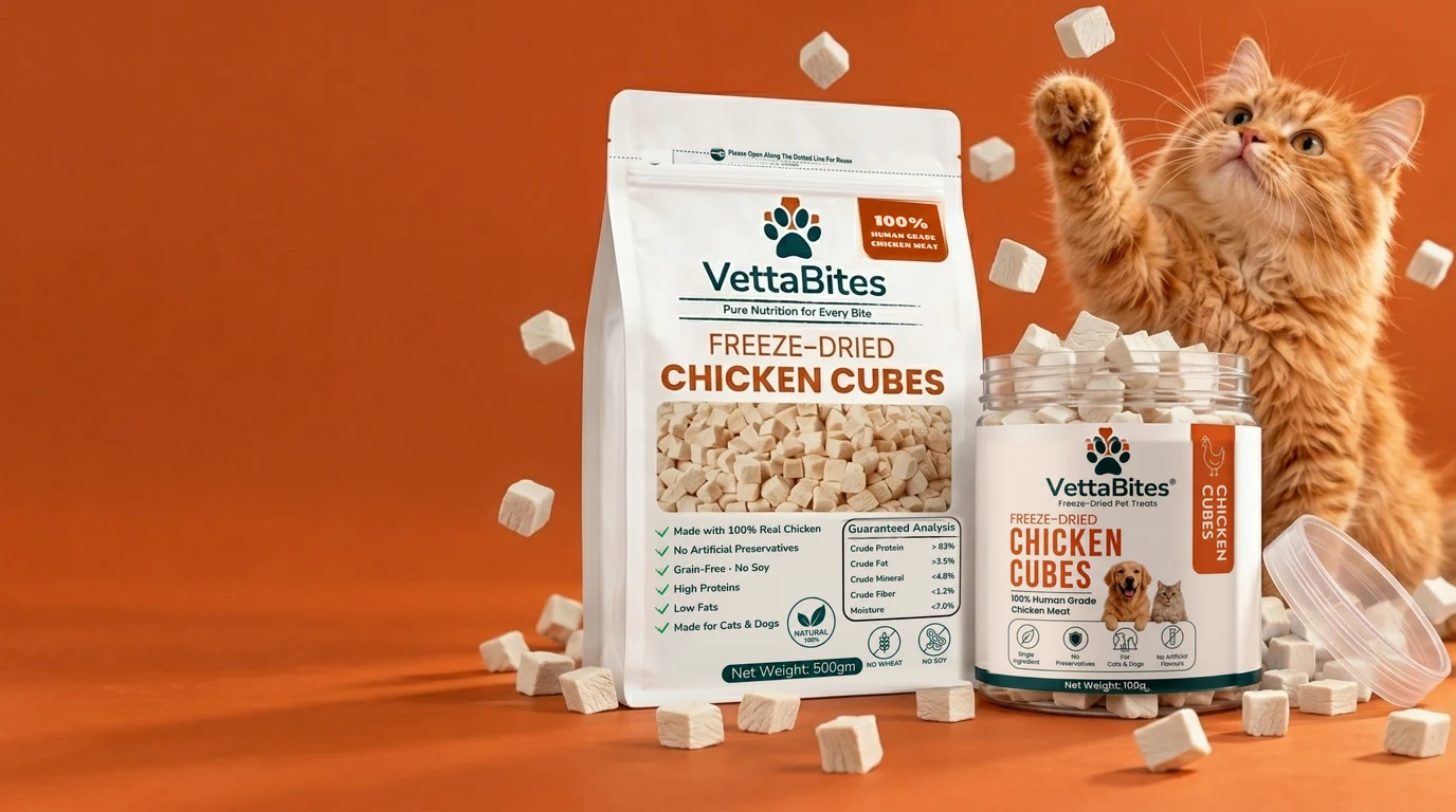 VettaBites freeze-dried chicken cubes pouch and jar on an orange backdrop with a ginger cat reaching for a falling cube